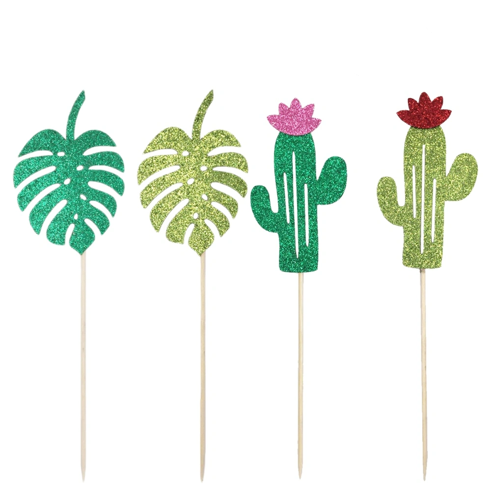 12Pcs Glitter Cactus Monstera Cake Toppers Cupcake Decoration Birthday Wedding Party Favors Supplies