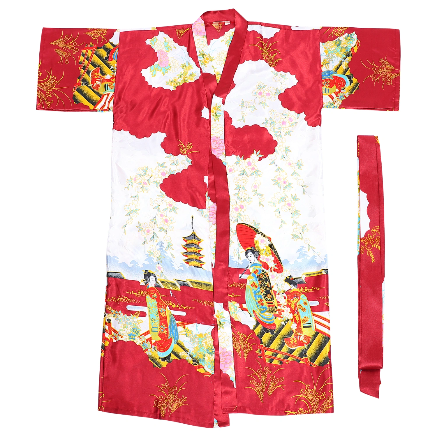 Long Kimono Bathrobe Sleepwear Artificial Silky Bathrobe Cardigan Nightgown