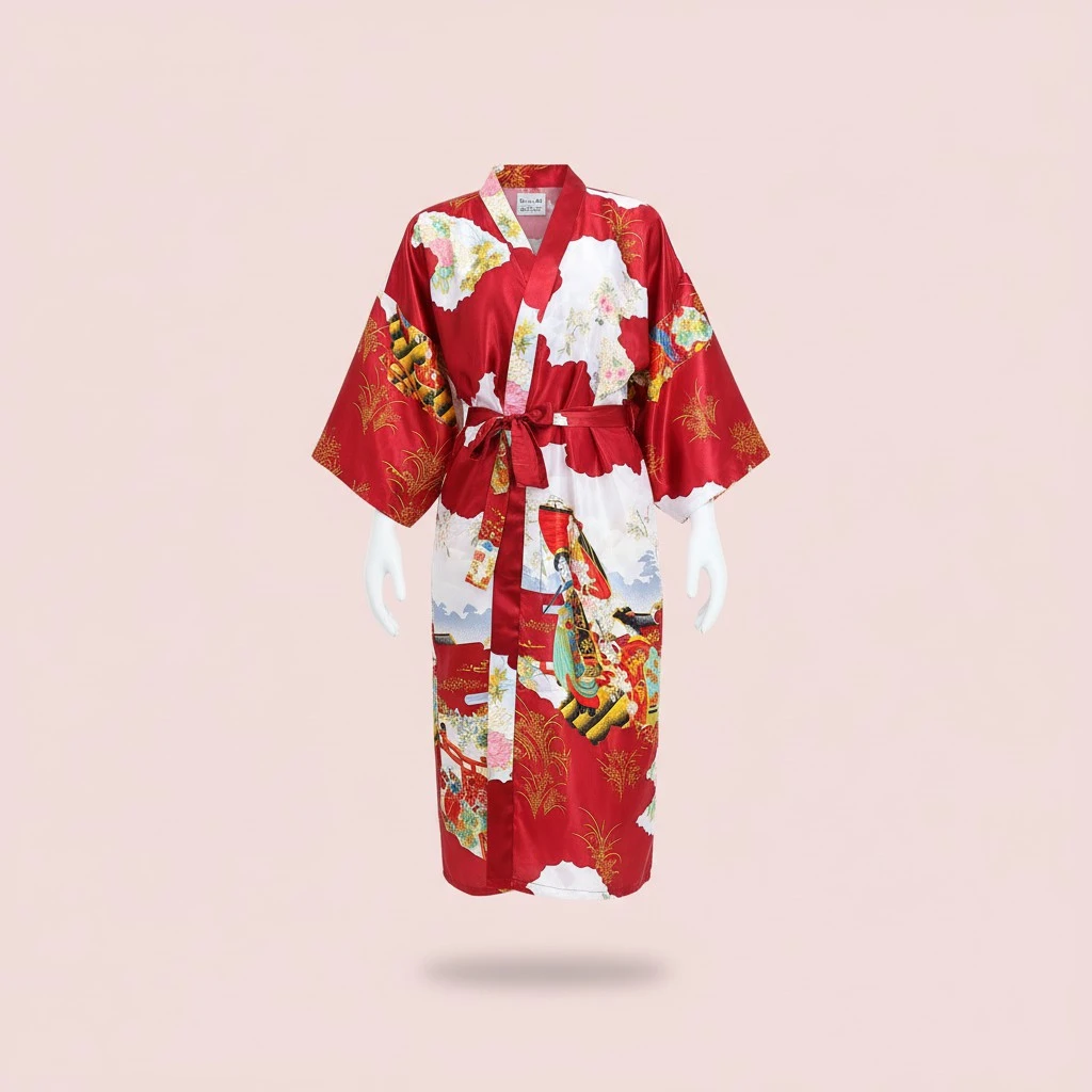Long Kimono Bathrobe Sleepwear Artificial Silky Bathrobe Cardigan Nightgown