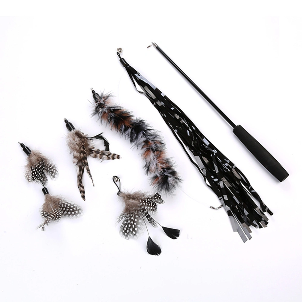 6Pcs of Telescopic Teasing Stick Creative Teaser Portable Teasing Supply Funny Wand Stick With 5pcs Feather Head for Pet Cat Kitten (Black)