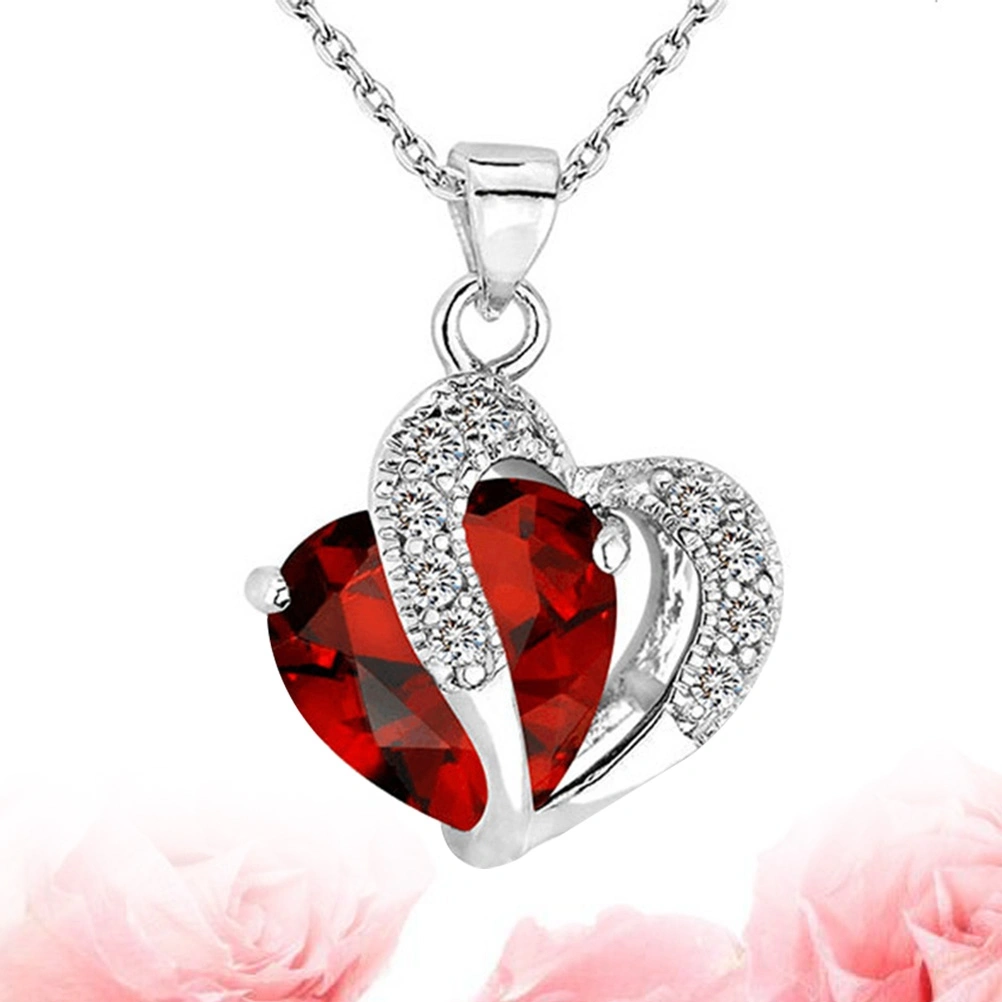 Silver Peach Heart Zircon Crystal Necklace Clavicular Chain Clavicle Chain Sweater Chain(Silver Red)