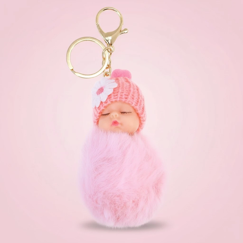 Cartoon Plush Keychain Baby Doll Car Key Ring Pendant Decorations Kids Party Favors (Pink)