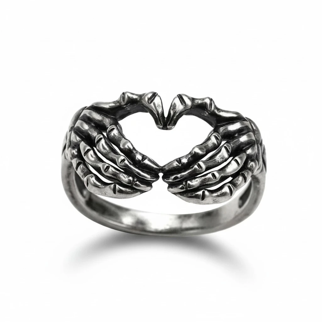Skeleton Hand Ring Love Heart Gesture Ring Punk Gothic Ring Jewelry for Women Men