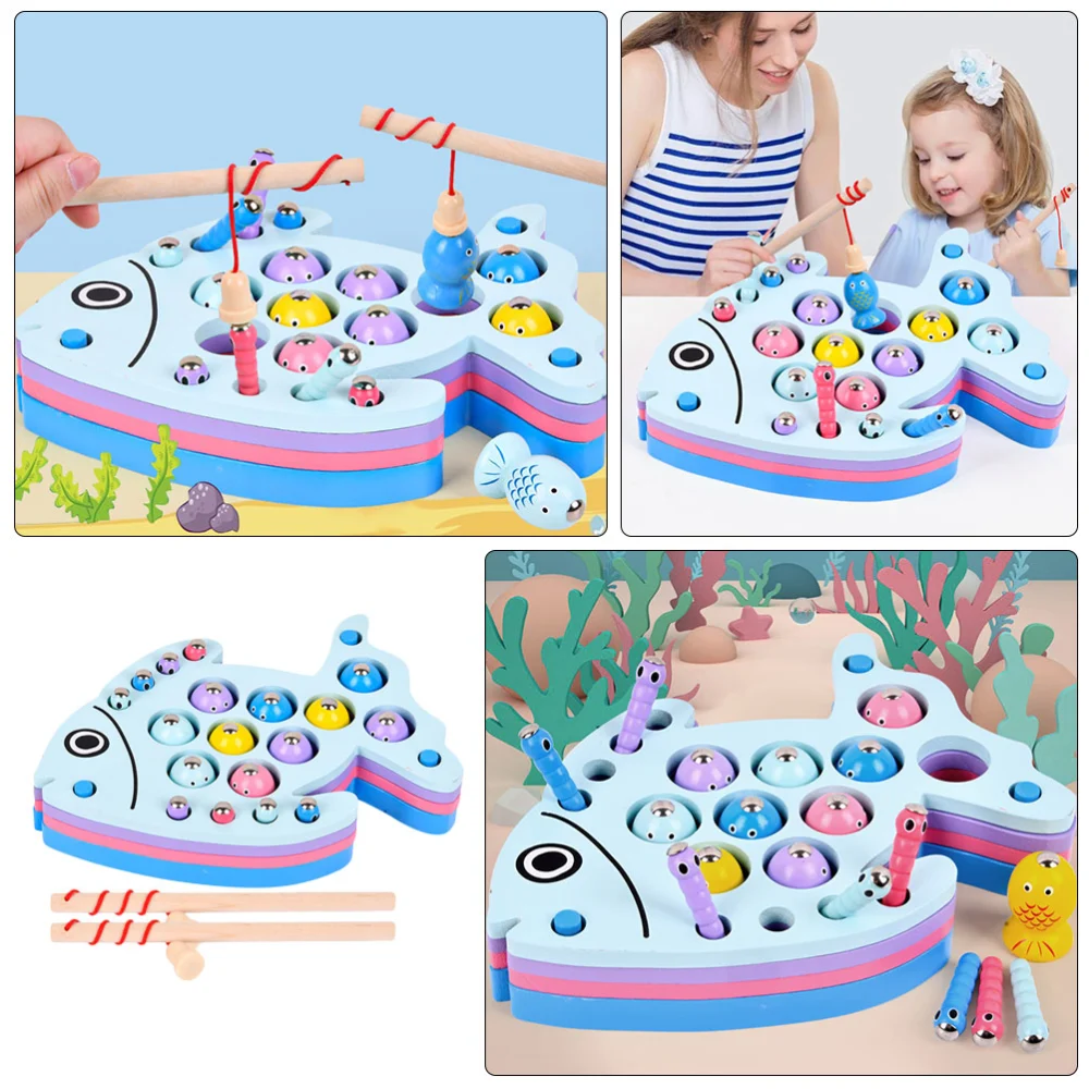 1 Set Kid Early Education Toy Magnetic Wood Plaything Fishing Game Toy(Sky Blue)