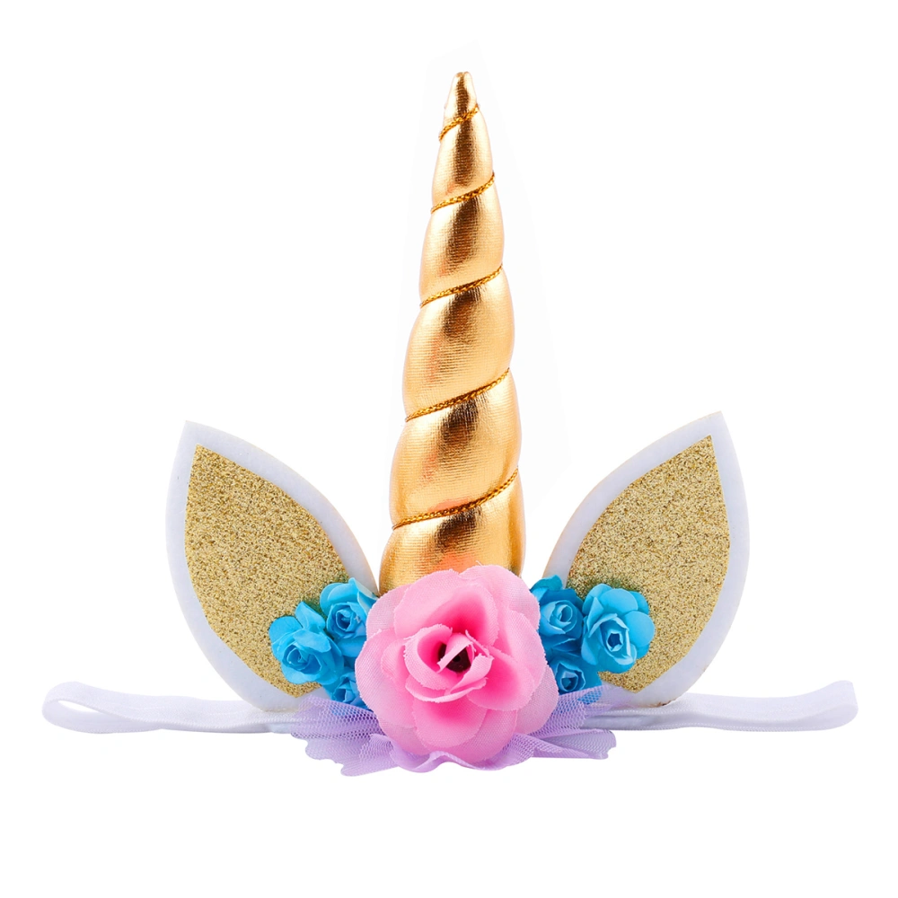 Unicorn Horn Ears Headband Baby Girl Boy Birthday Party Rose Flower Hairband (Gold)