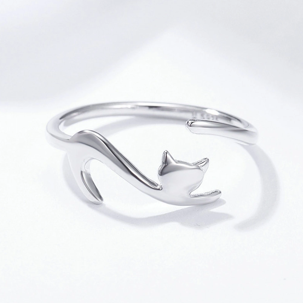 Women Ring Fashion Kitten Shape Ring Silver Open Adjustable Ring Jewelry Gift Party Decoration for Ladies