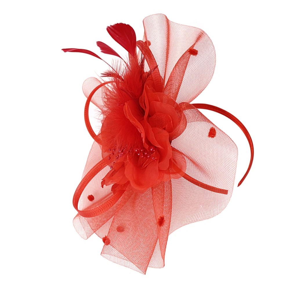 Exquisite  Headband Floral Headdress Mesh Hair Clip Women Headdress Decoration for Wedding Evening Party (Red)