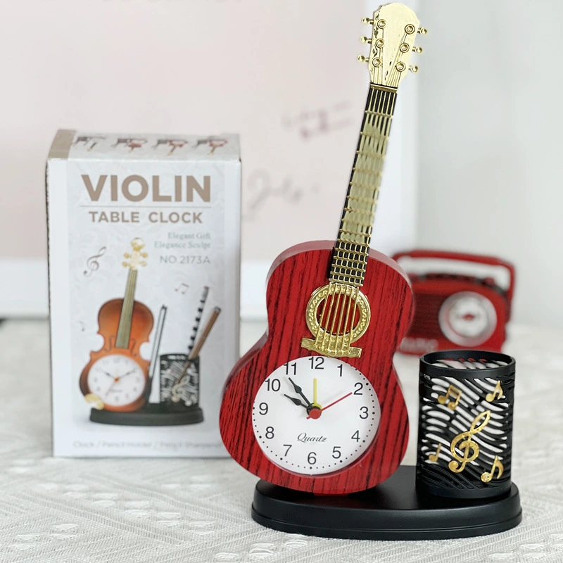 Violin Alarm Clock with Pen Holder Violin Figurine Tabletop Violin Clock Violin Model Ornament