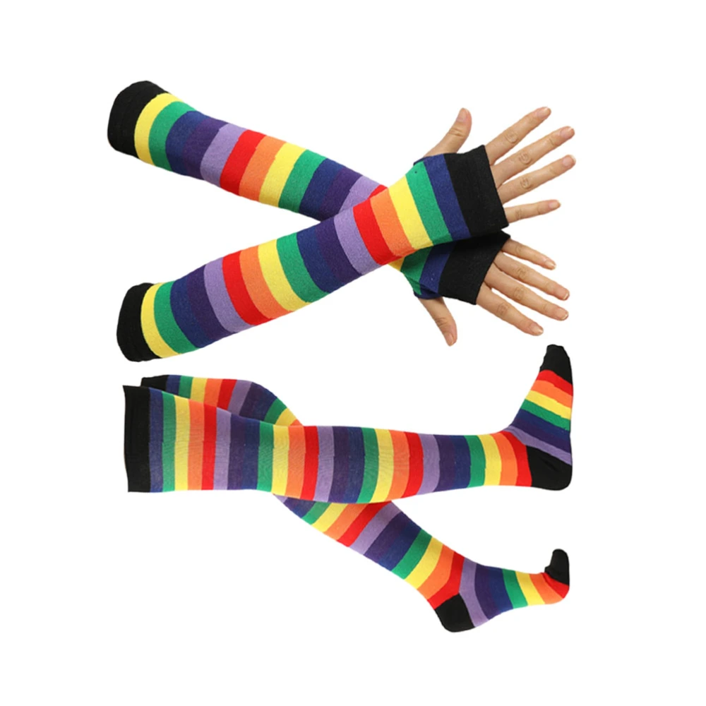 2pcs Rainbow Strips Gloves Socks Set Warm Leg Stockings Gloves Colorful Thigh High Socks for Women Girls Costumes (Gloves and Socks Black Mouth)