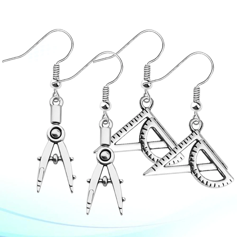 2 Pairs Creative Architect Earrings Compass Earbobs Jewelry Triangle Ruler Dangler Alloy Gift Ornaments Dress Up Decor