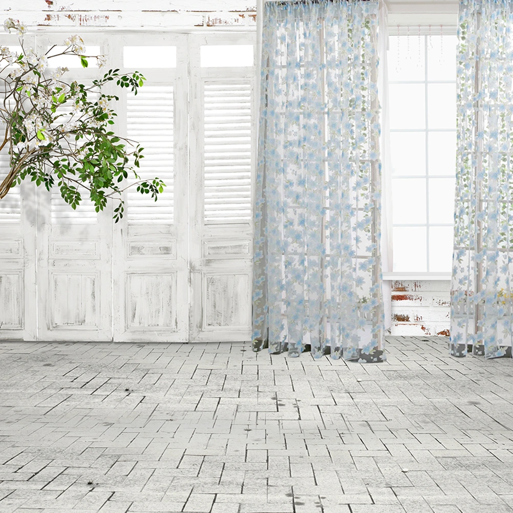 1*2M Light-colored Flowers Leaves Curtains Window Gauze Decoration Drapes for Bedroom Living Room (Sky-blue)