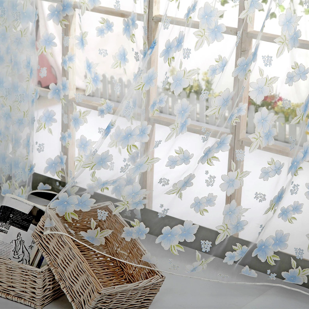1*2M Light-colored Flowers Leaves Curtains Window Gauze Decoration Drapes for Bedroom Living Room (Sky-blue)