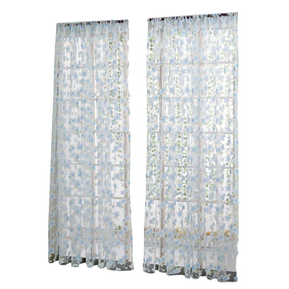 1*2M Light-colored Flowers Leaves Curtains Window Gauze Decoration Drapes for Bedroom Living Room (Sky-blue)