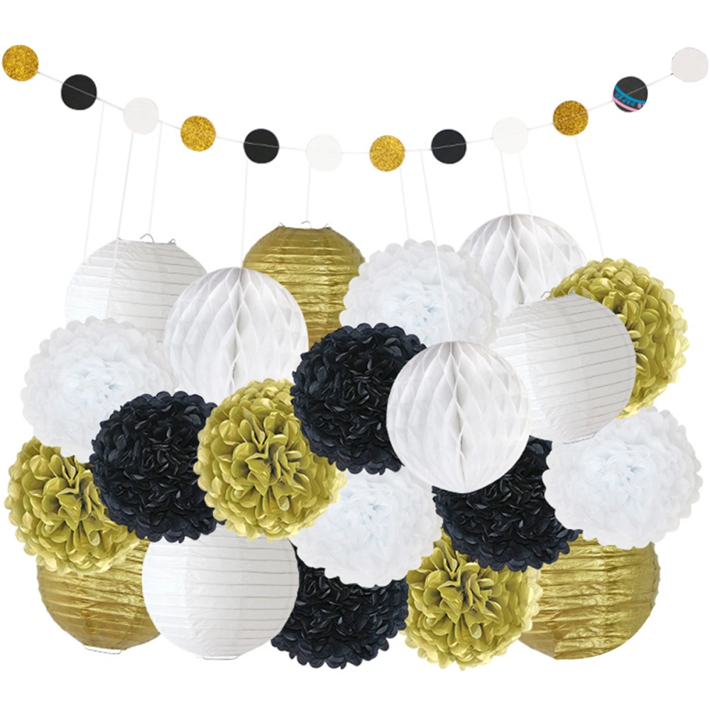 22 Pcs Pom Pom Craft Lanterns Tissue Paper Flower Garland for Wedding Party Decoration (Black and White and Gold)