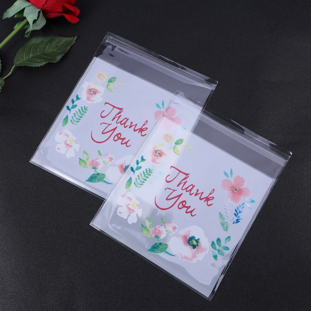 100 Pcs Self Adhesive Bags THANK YOU Rose Flower Decorated Packaging Bags Candy Cookie Bags (14x17cm)