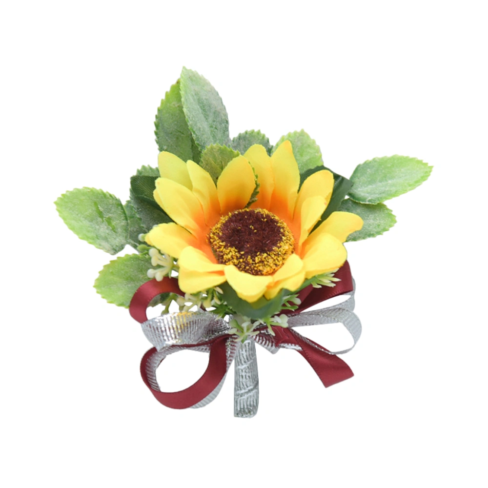 1PC Simulation Sunflower Brooch Cloth Wedding Boutonniere Realistic Bridal Corsage Cloth Sunflower Brooch Wedding Dress Boutonniere for Bride Groom Wearing Claret-red Ribbon Style