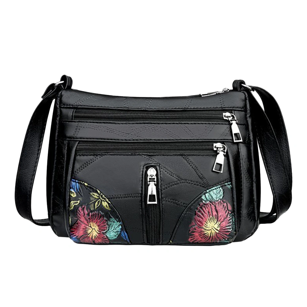 Black Retro Zippered Shoulder Pouch Woman Flower Printing Crossbody Bag Fashion Adjustable Outdoor Handbag