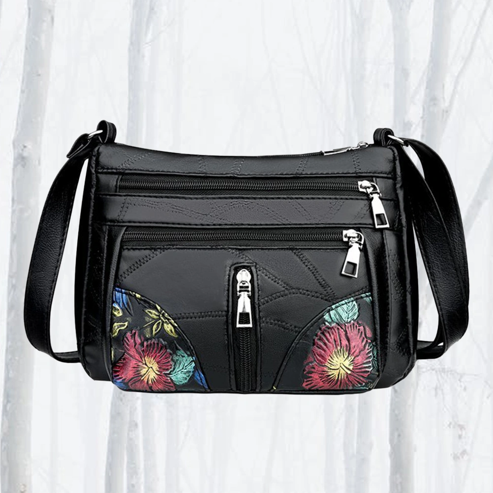 Black Retro Zippered Shoulder Pouch Woman Flower Printing Crossbody Bag Fashion Adjustable Outdoor Handbag