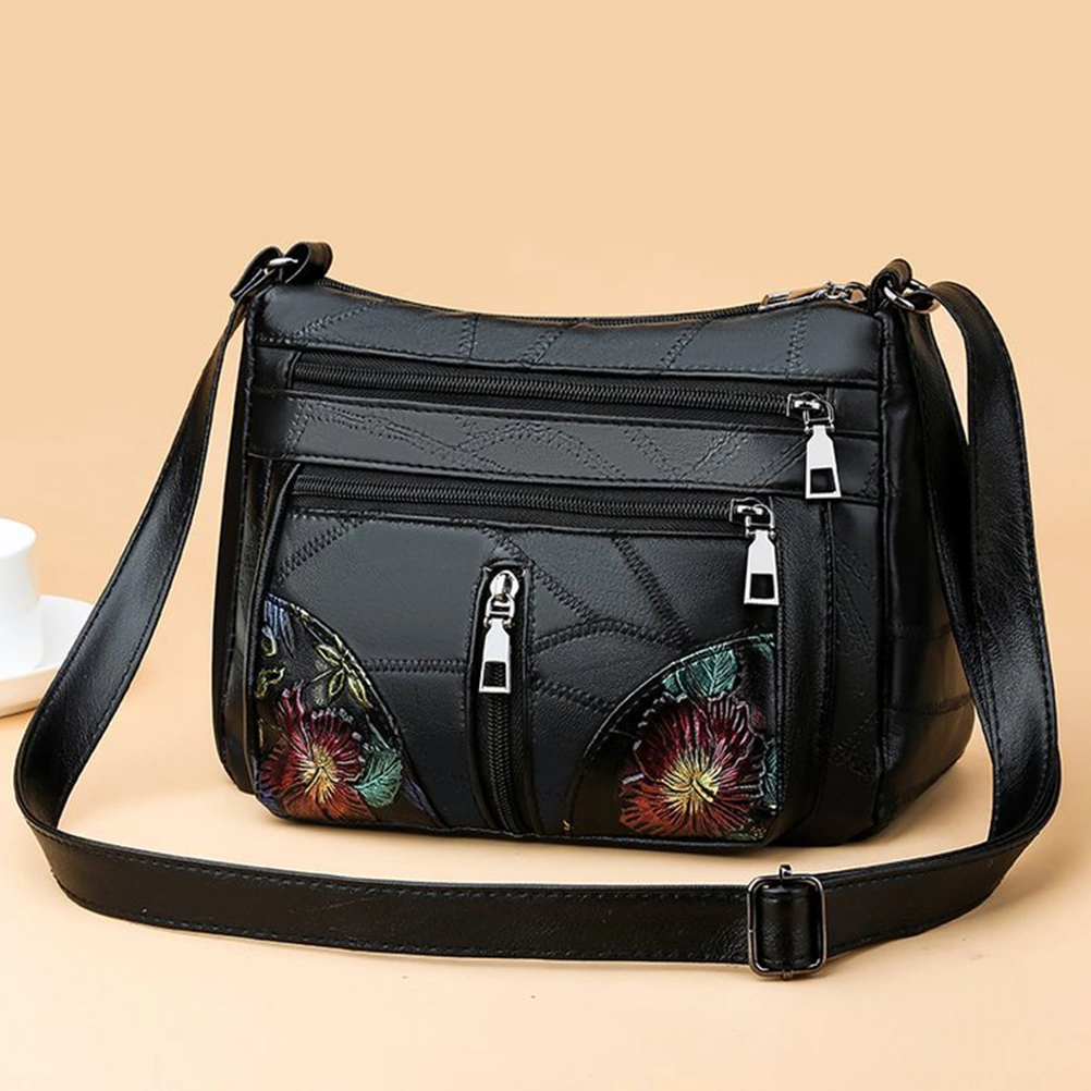 Black Retro Zippered Shoulder Pouch Woman Flower Printing Crossbody Bag Fashion Adjustable Outdoor Handbag