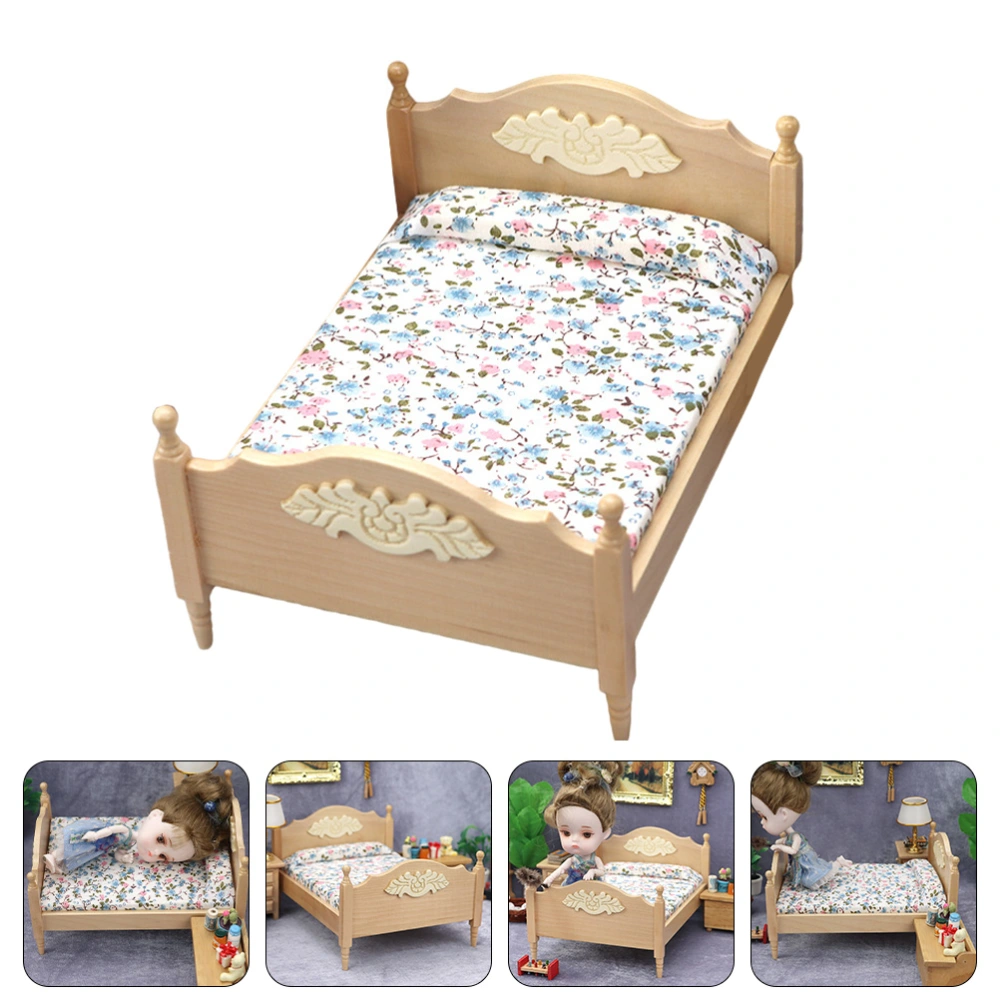 1Pc Mini Wooden Bed Simulation Miniature Double Bed Kid Toy House Accessory