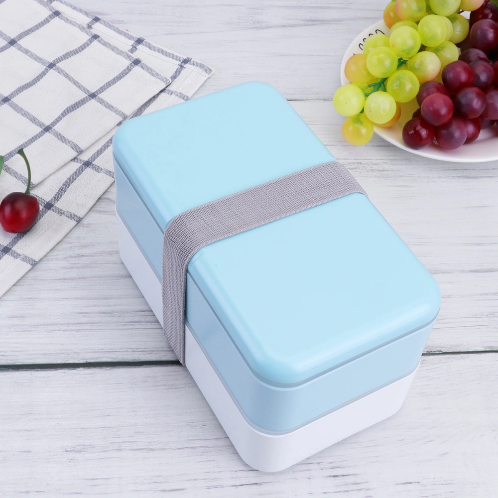 Plastic Double-layer Lunch Box Rectangular Bento Food Container with Chopstick and Spoon (Blue)