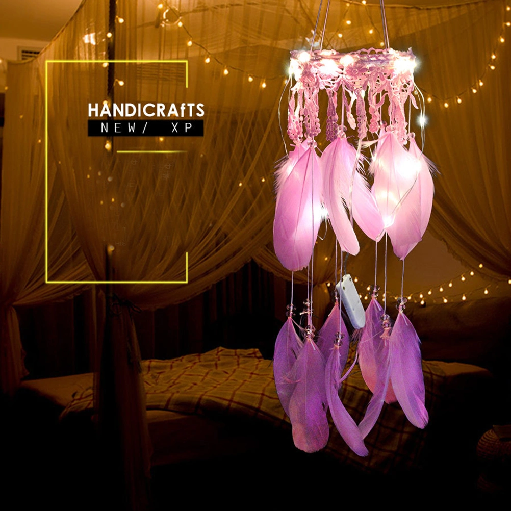 Night Light Dream Catcher Pendant Gift Girl Style Room Wall Decor Simple Modern Room Decoration with Light (Pink)
