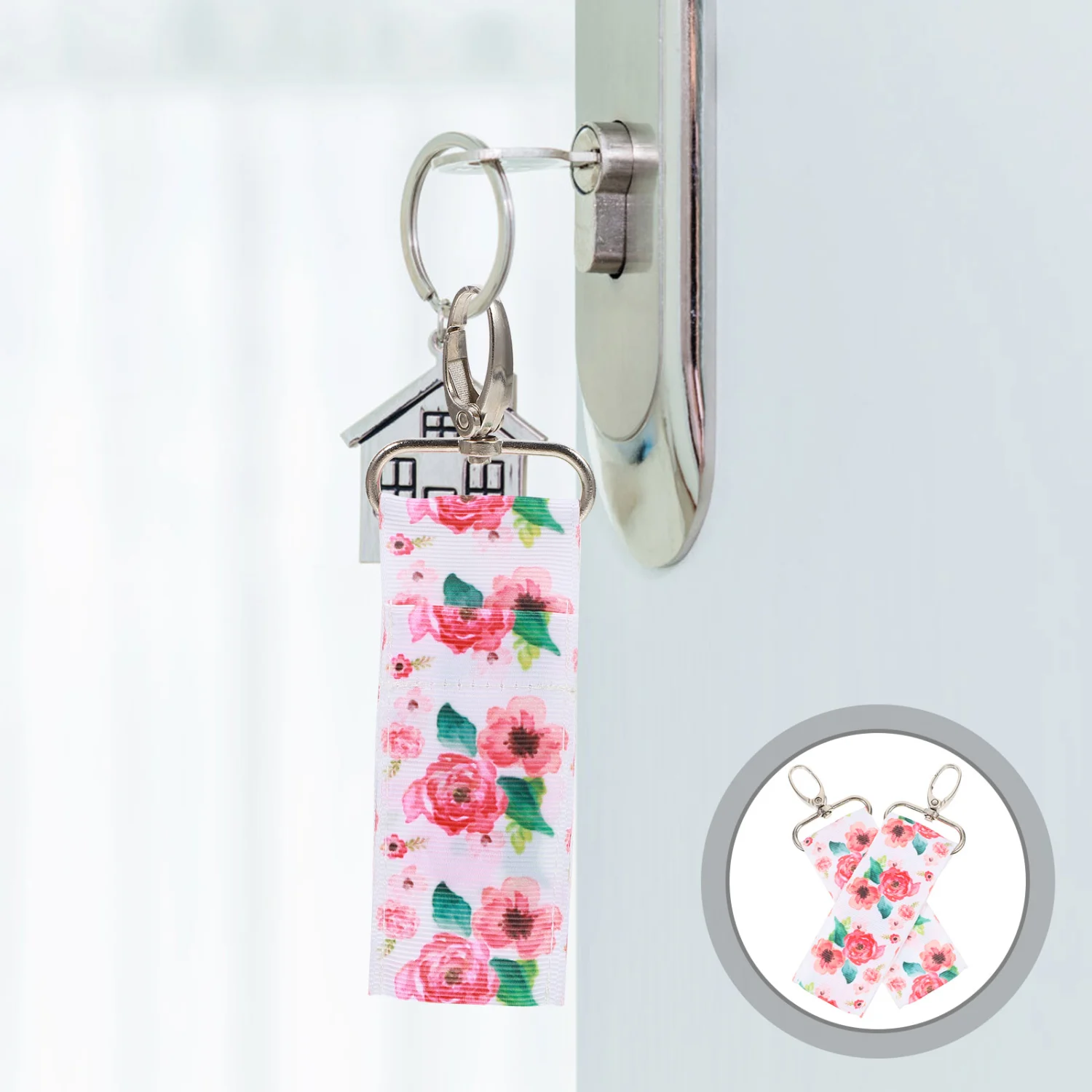 2pcs Fashion Women Lipstick Holder Keychain Printed Lip Balm Pouch Strap Key Ring Bags for Woman (Rose)