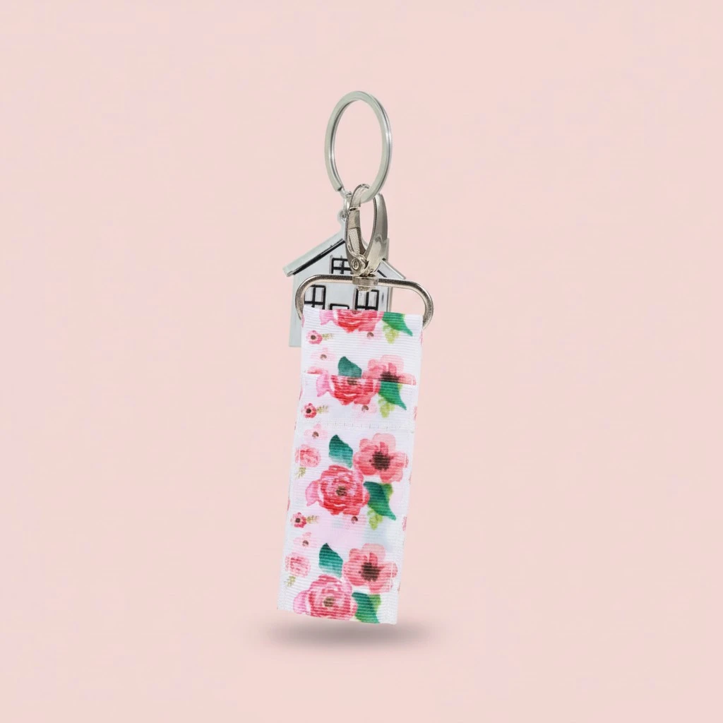2pcs Fashion Women Lipstick Holder Keychain Printed Lip Balm Pouch Strap Key Ring Bags for Woman (Rose)