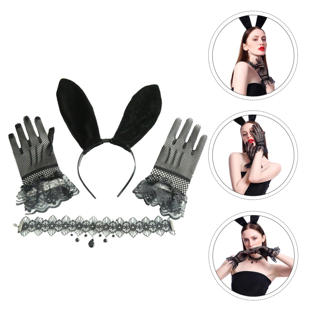 1 Set Lovely Lace Gloves Rabbit Ears Headband Hairpin Cosplay Necklace (Black)