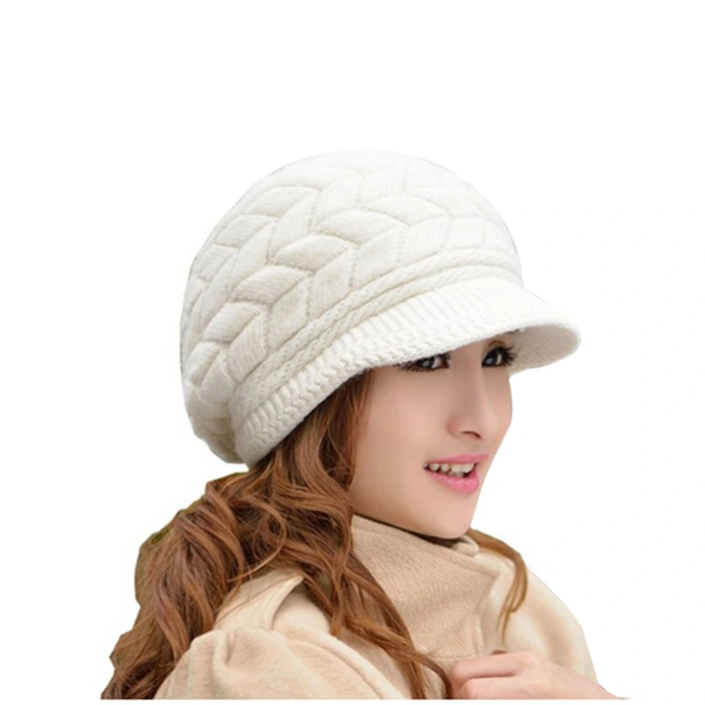 Women Winter Warm Knit Hat Wool Snow Ski With Visor (White)