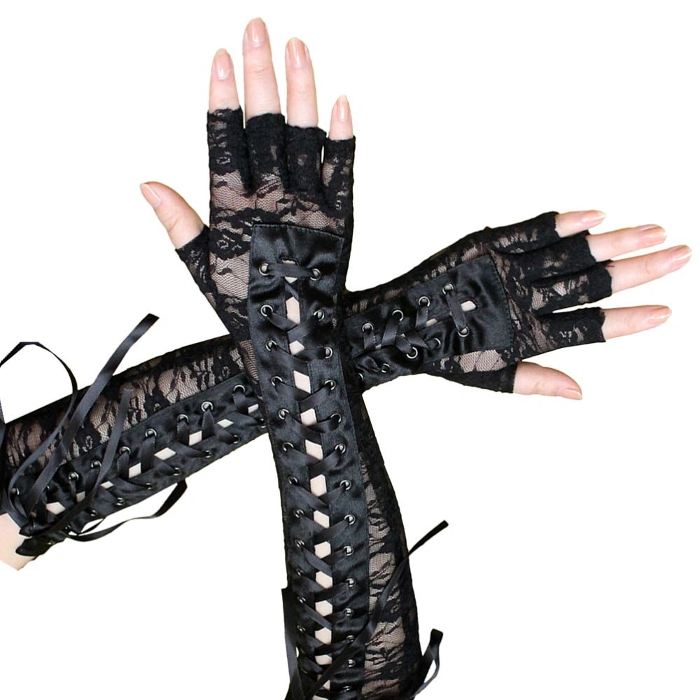 1 Pair Sexy Lace Gloves Rivet Gloves Elbow Length Lace Gloves Half Finger Gloves for Women Ladies Black