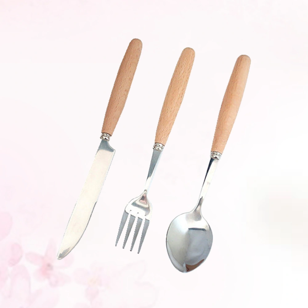 3PCS Stainless Steel Flatware Tableware Wooden Handle Cutlery Set Flatware Set Include Fork Spoon