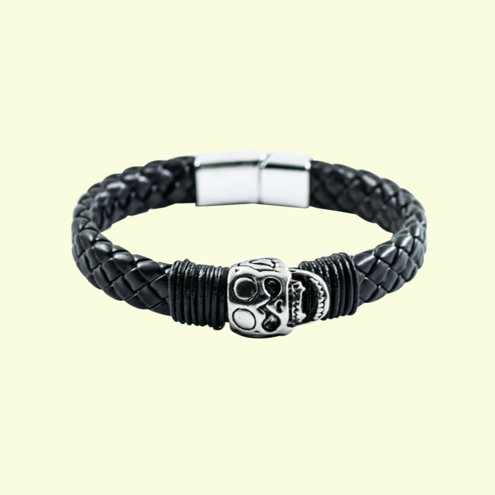 1PC Fashion Knitted Stainless Steel Chain Skull Magnetic Clasp Bracelet Cuff Bangle Black