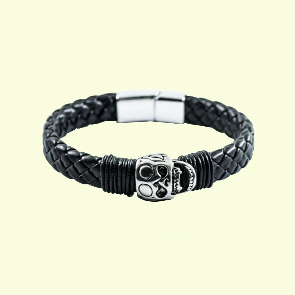 1PC Fashion Knitted Stainless Steel Chain Skull Magnetic Clasp Bracelet Cuff Bangle Black