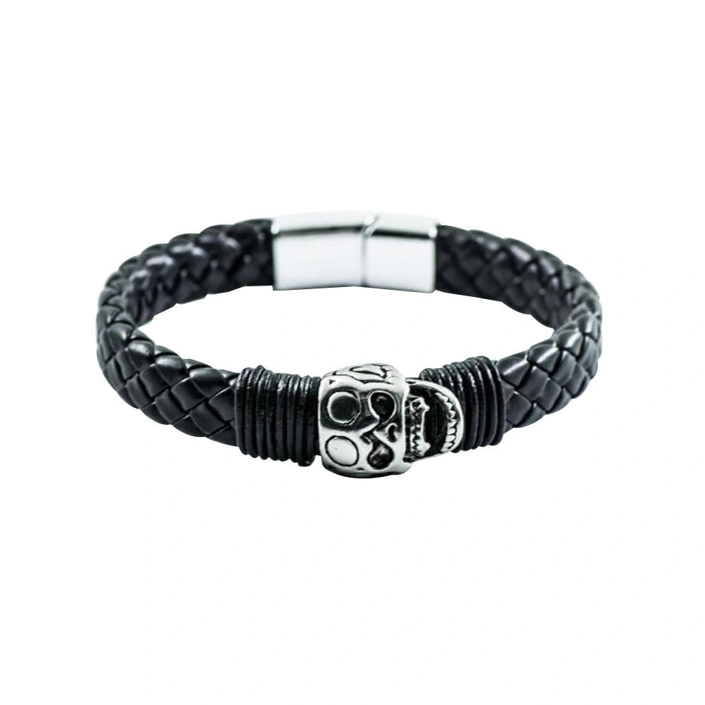 1PC Fashion Knitted Stainless Steel Chain Skull Magnetic Clasp Bracelet Cuff Bangle Black