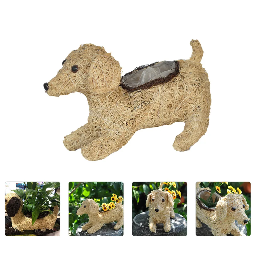 1pc Straw Woven Flower Planter Cartoon Dog Flower Basket Desktop Decoration