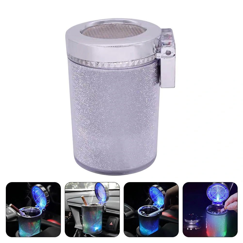 Creative LED Light Auto Ashtray Car Ashtray with Lid Car Cigarette Ash Holder (Silver)