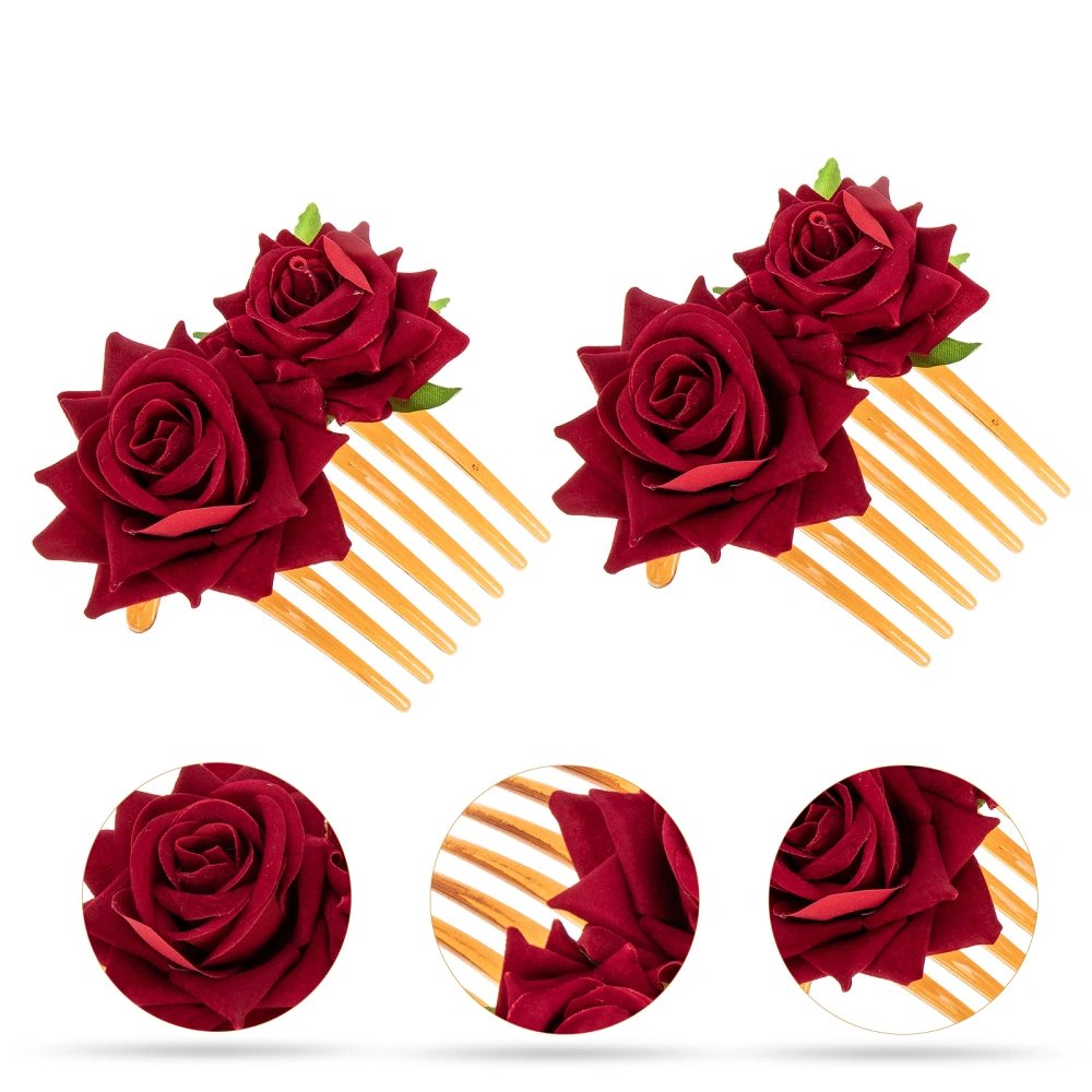 2Pcs Fabric Rose Flower Hair Comb Bridal Hair Bun Clip Wedding Hair Styling Tool