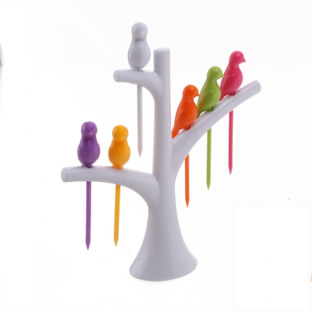 Tree and Bird Shaped Plastic Toothpick Fruit Fork (White)