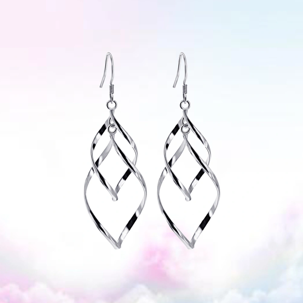 1Pair Women Earrings Leaf Long Tassel Earrings Dangle Drop Double Twisted Loops Wave for Women (Silver)