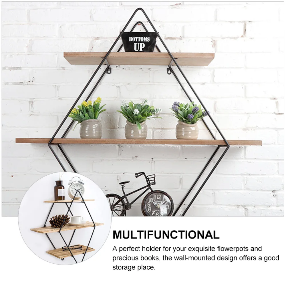 1Pc Creative Rhombic Storage Rack Multi-layer Rack Iron Art Wood Board Rack