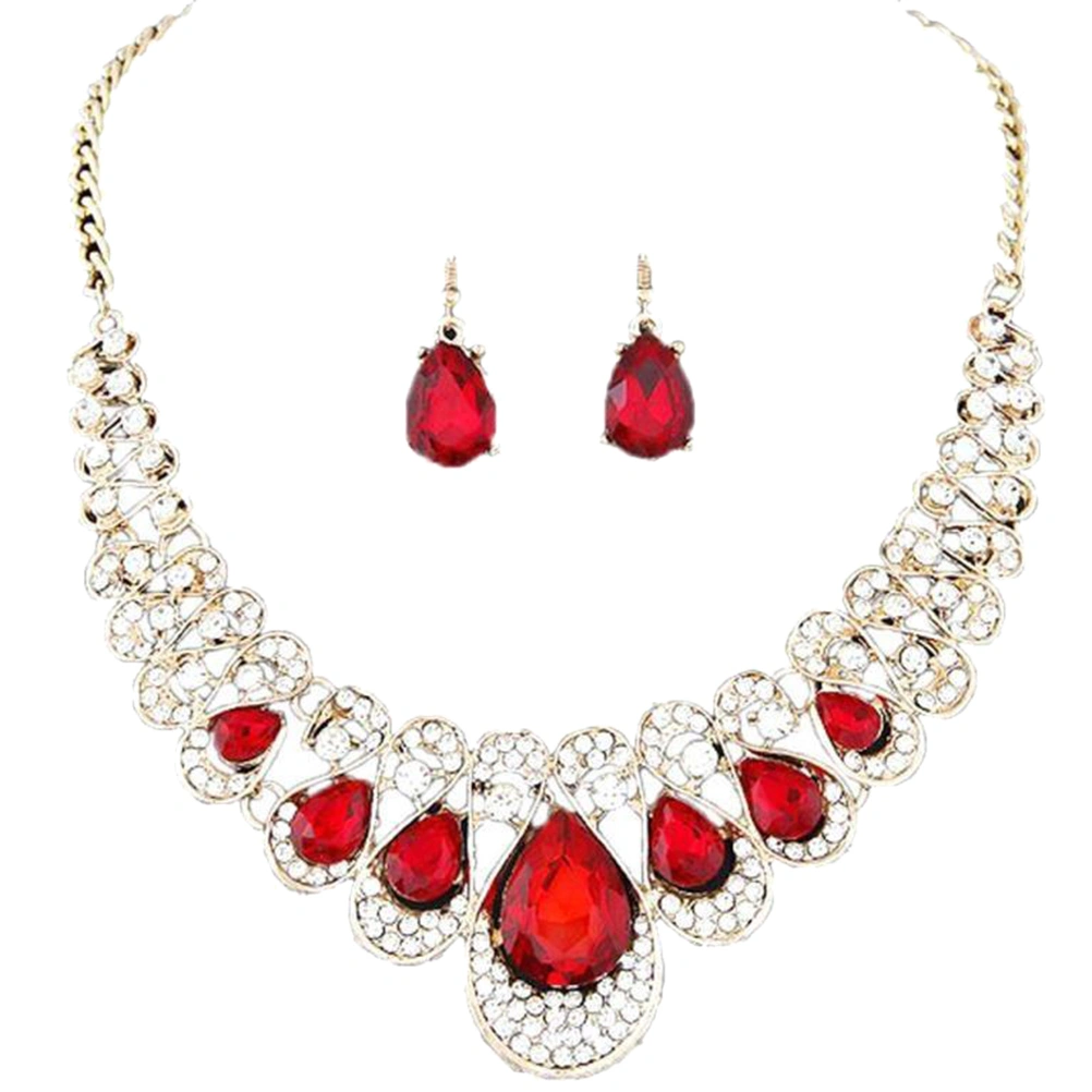 Women's Bohemia Style Elegant Luxury Bib Chain Necklace Earrings Jewelry Set (Red)