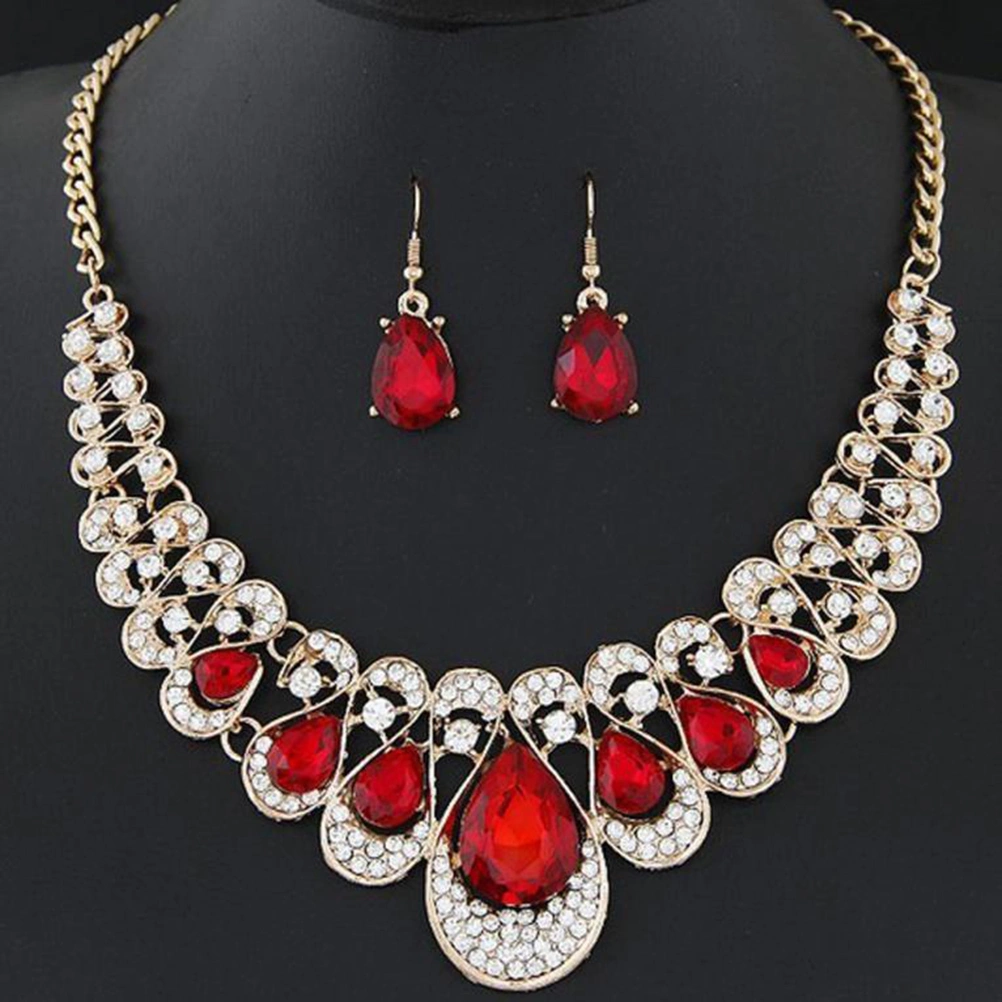Women's Bohemia Style Elegant Luxury Bib Chain Necklace Earrings Jewelry Set (Red)