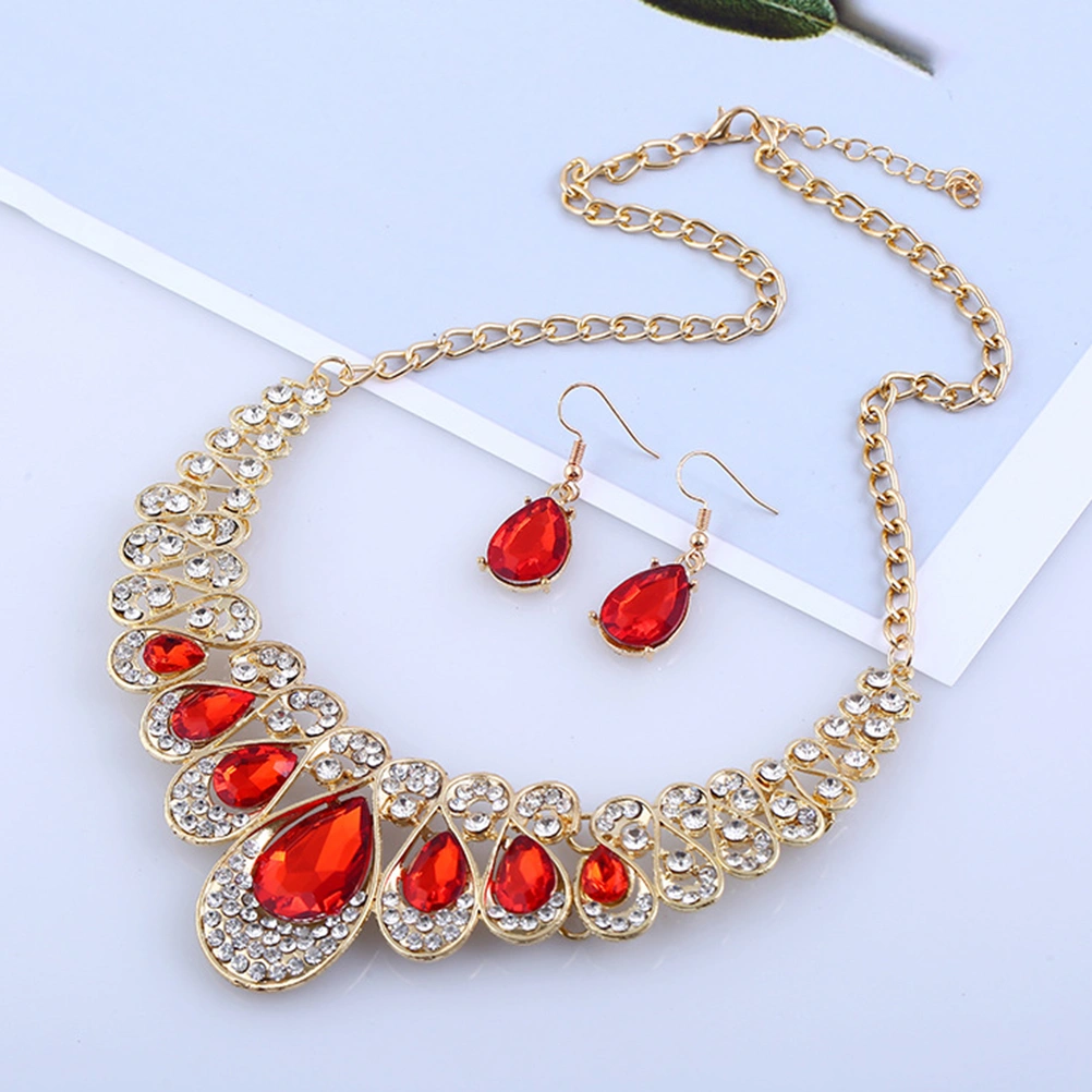 Women's Bohemia Style Elegant Luxury Bib Chain Necklace Earrings Jewelry Set (Red)
