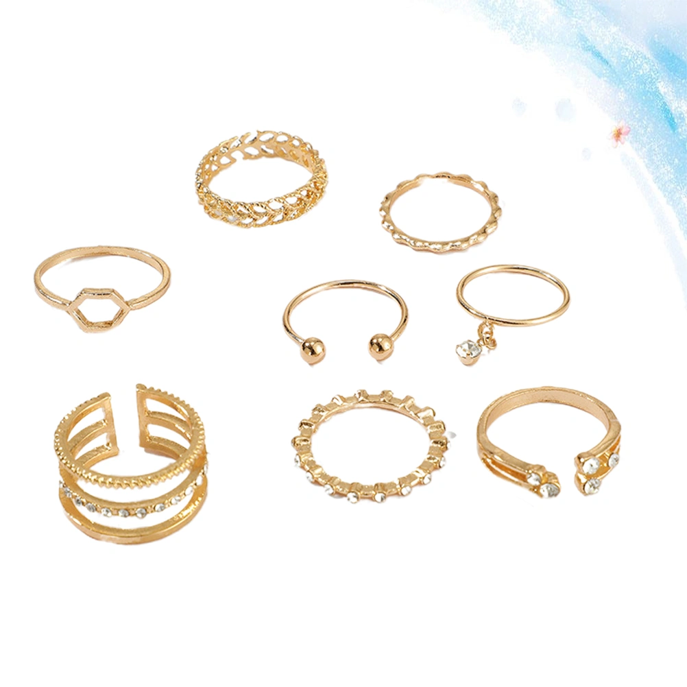 1 Set of 8Pcs Lady Finger Ring Fashion Rhinestone Studded Ring Adjustable Open Ring Hand Jewelry for Women Girls Ladies (Golden)