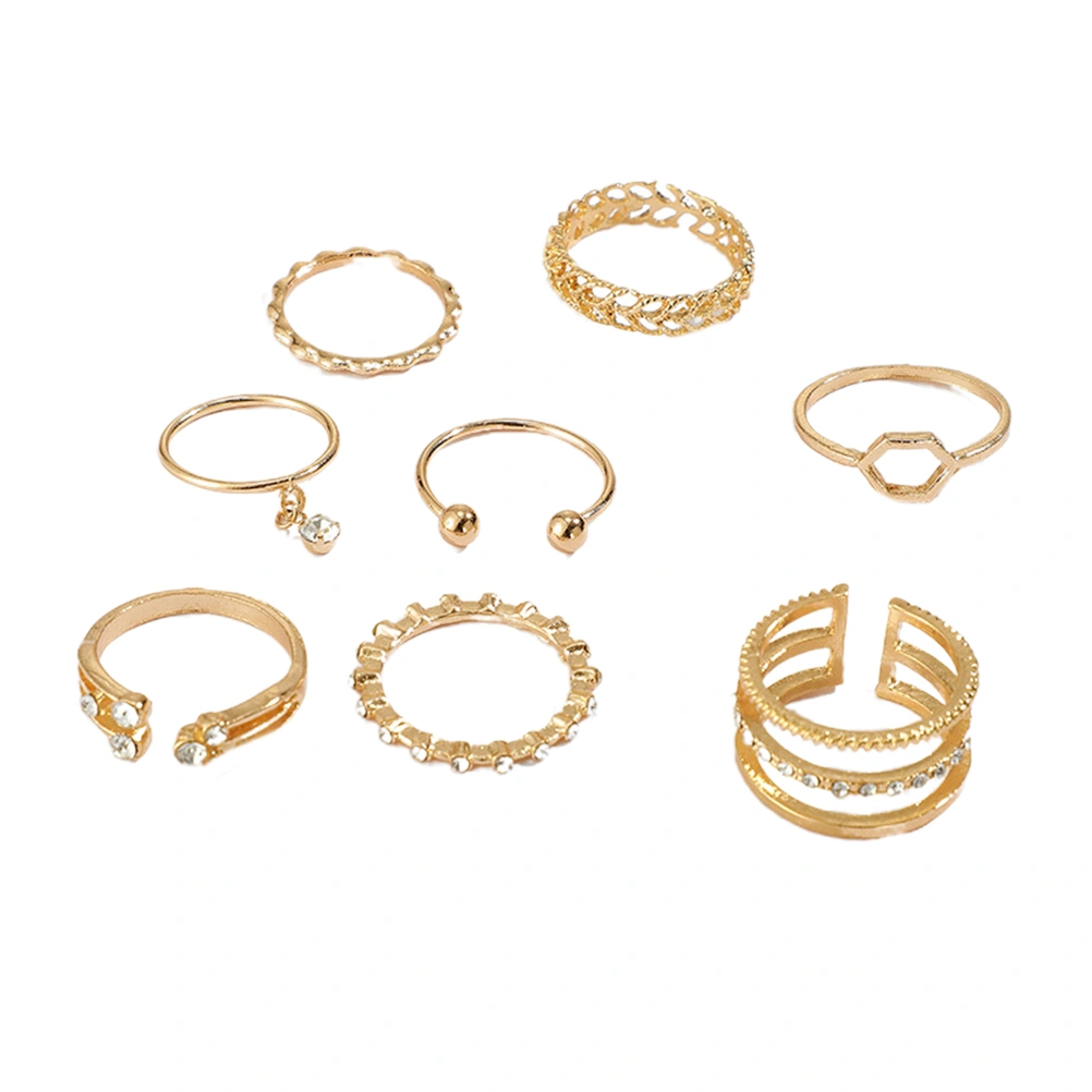 1 Set of 8Pcs Lady Finger Ring Fashion Rhinestone Studded Ring Adjustable Open Ring Hand Jewelry for Women Girls Ladies (Golden)