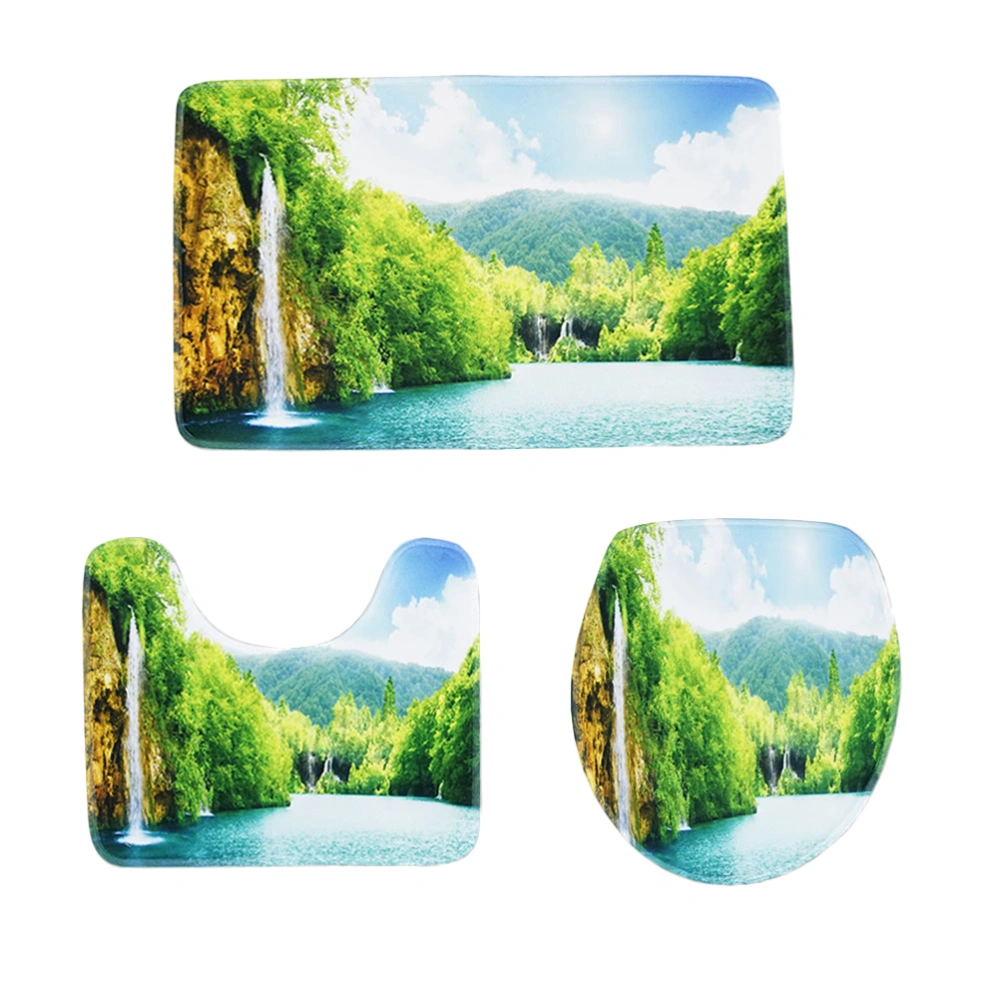 3 in 1 Landscape Pattern Bathroom Mat Set Antiskid Washroom Carpet Mat Toilet Seat Lid Cover