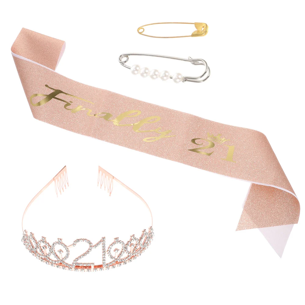 1 Set Birthday Sash Tiaras Pearl Pin 21st Birthday Party Decorations for Women Girls