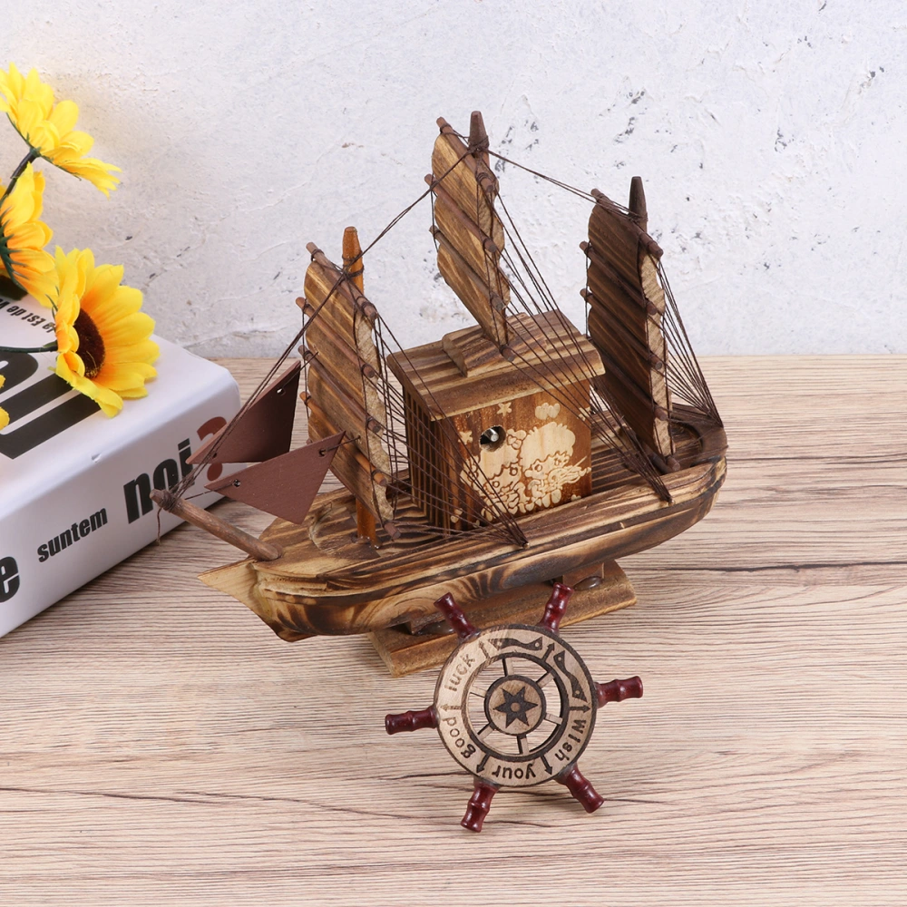 Wooden Music Box Pirate Ship Windmill Desktop Decoration Birthday Present Music Box（Coffee）