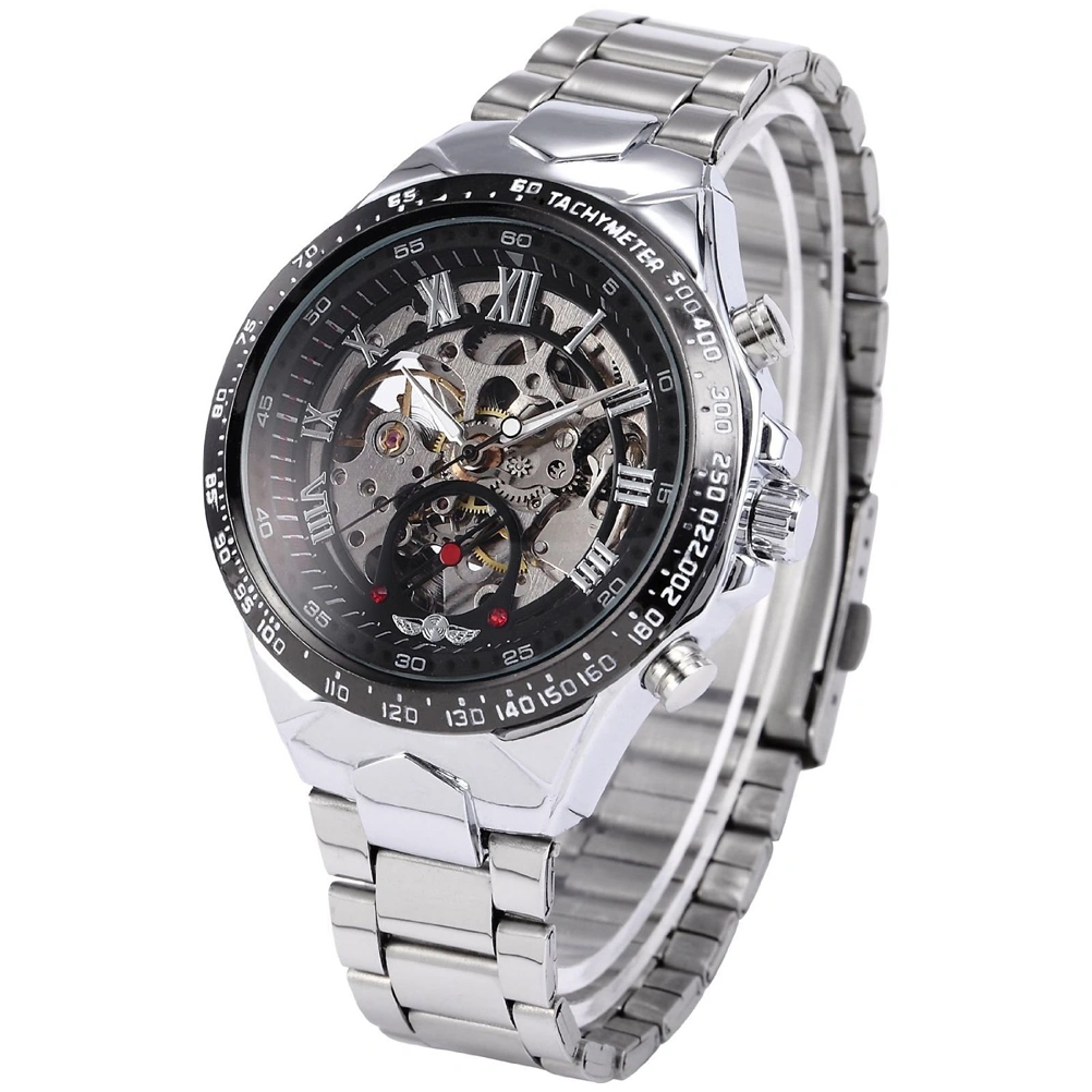 WINNER Fashion Round Skeleton Dial Stainless Steel Band Men's Automatic Mechanical Wrist Watch (Black)